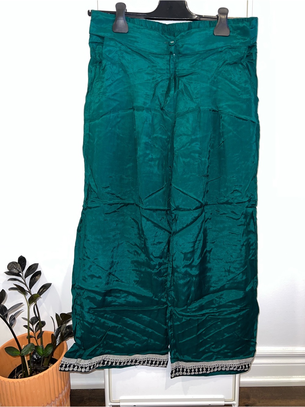 Emerald Green Trousers with Print Detail at Hem